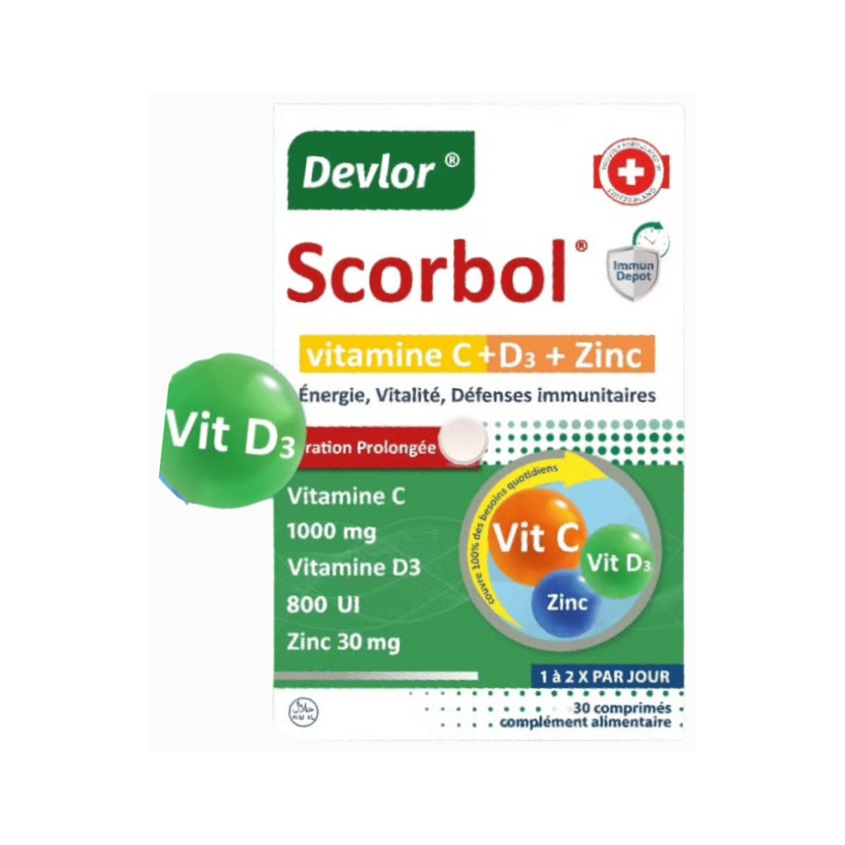 Devlor Scorbol Vitamine C + D3 + Zinc - 30 unités