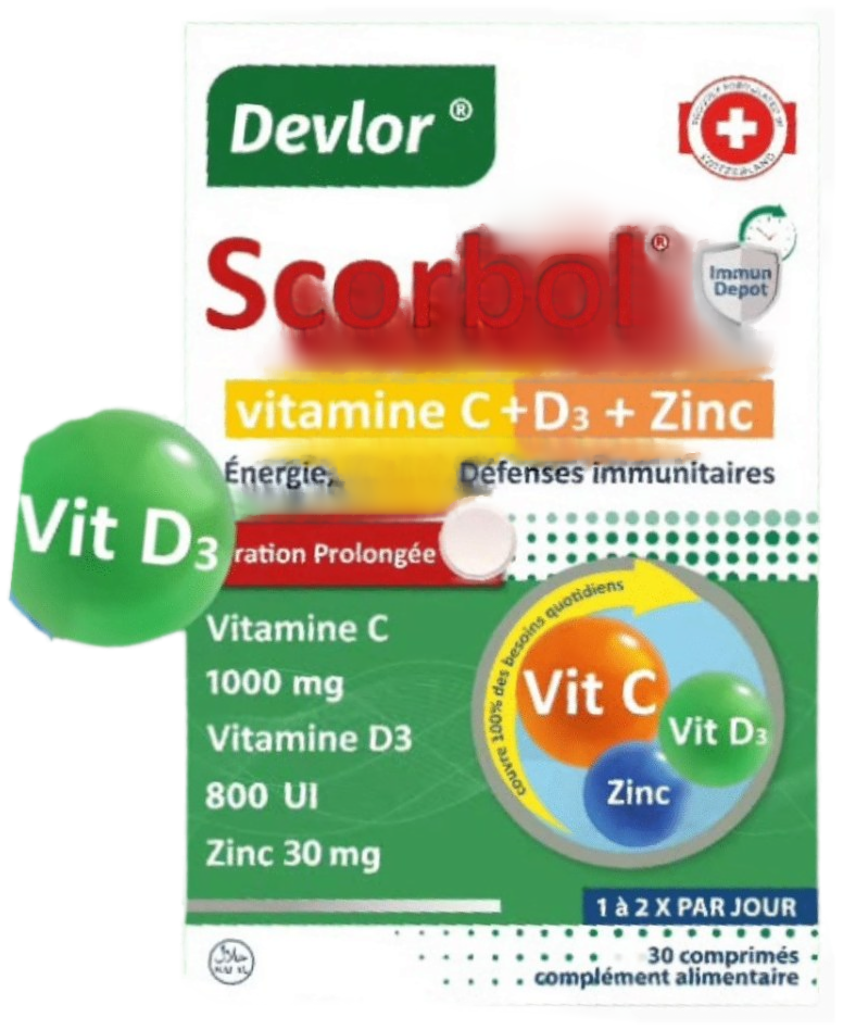 Devlor Scorbol Vitamine C + D3 + Zinc - 30 unités