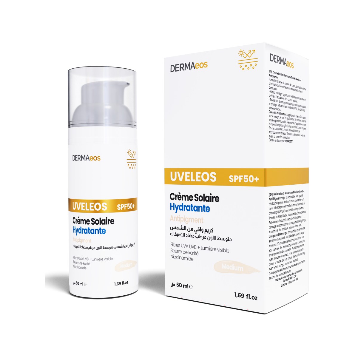 Dermaeos Uveleos SPF 50+ Crème Solaire Hydratante Anti-pigment Teintée Medium 50 ml