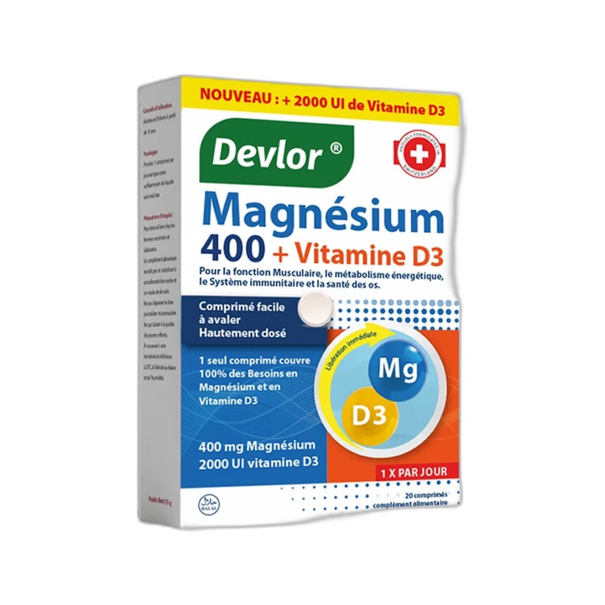 Devlor Magnésium 400 + Vitamine D3 2000 UI - 20 comprimés
