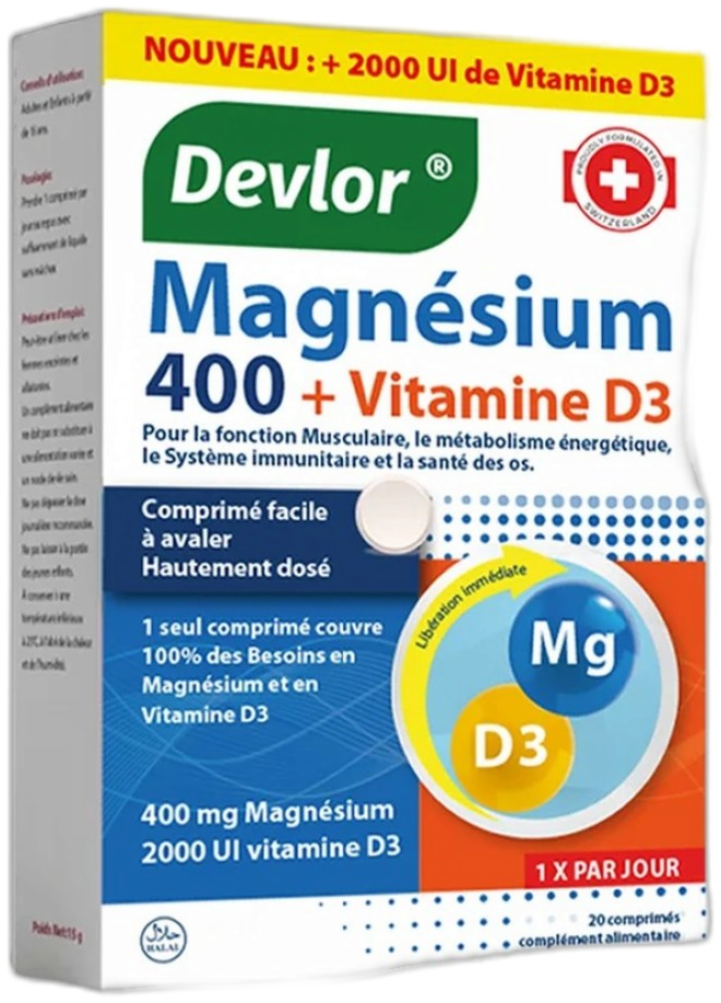 Devlor Magnésium 400 + Vitamine D3 2000 UI - 20 comprimés