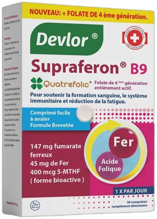 Devlor Supraferon B9 Fer + Acide Folique - 30 comprimés